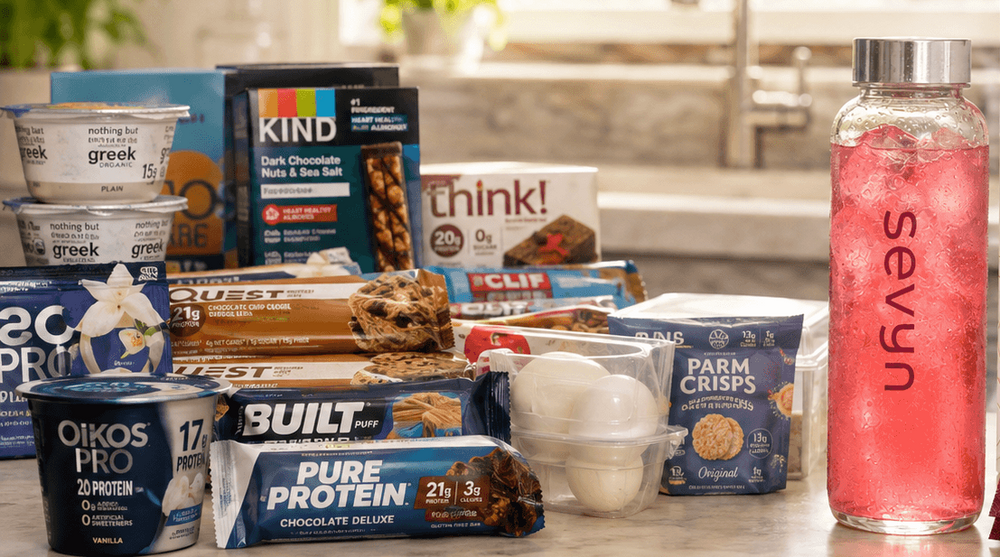 Protein bars and snacks on a counter