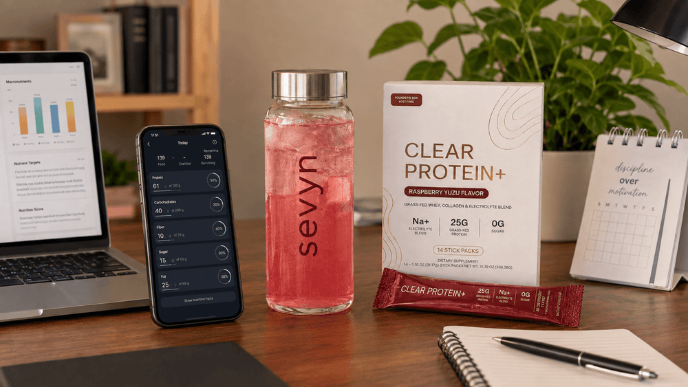 Hero collage — clear drink beside a phone showing macros