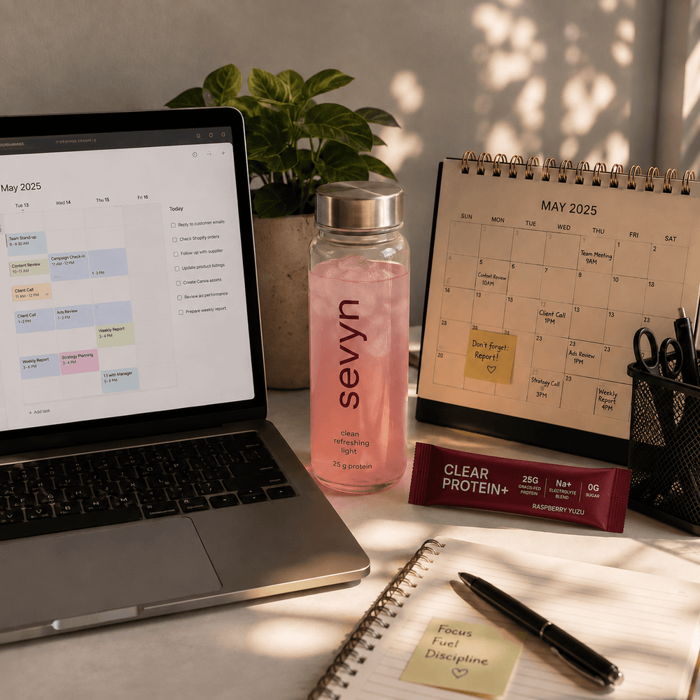 Hero collage — clear drink on a desk beside a laptop