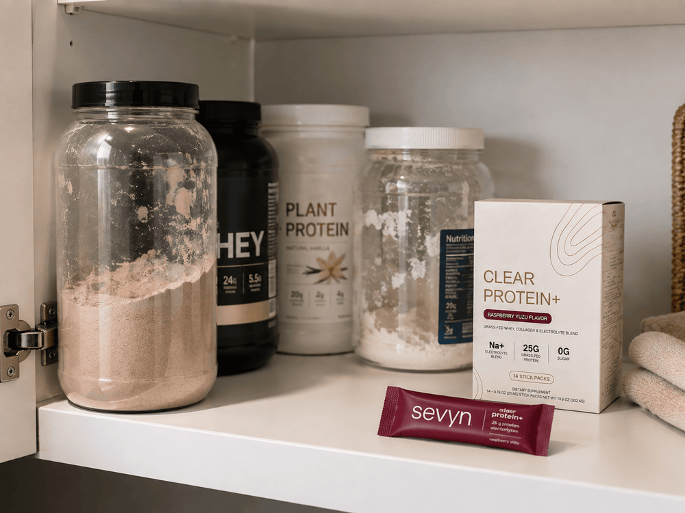 Cabinet: half-used tubs beside one Sevyn box