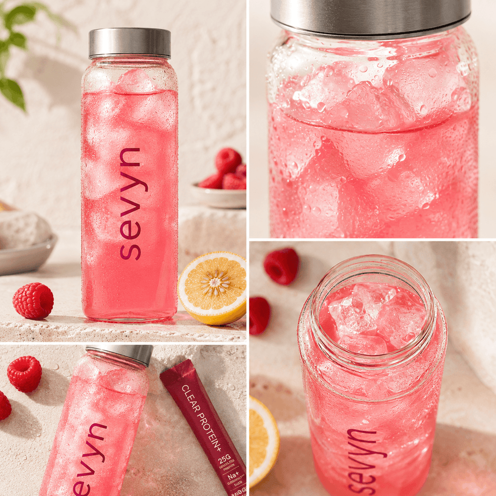 Hero collage — clear pink drink over ice, close up