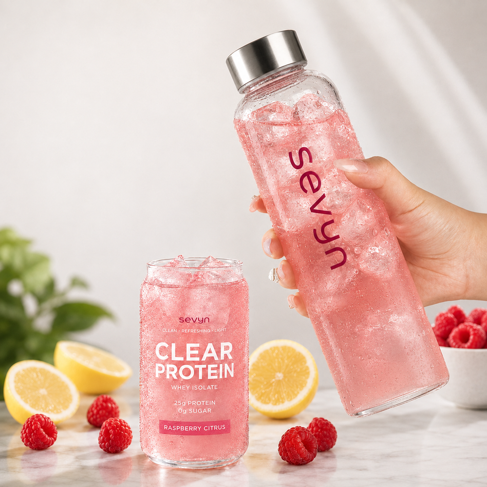 Sevyn Clear Protein+ raspberry yuzu bottle, box and stick pack