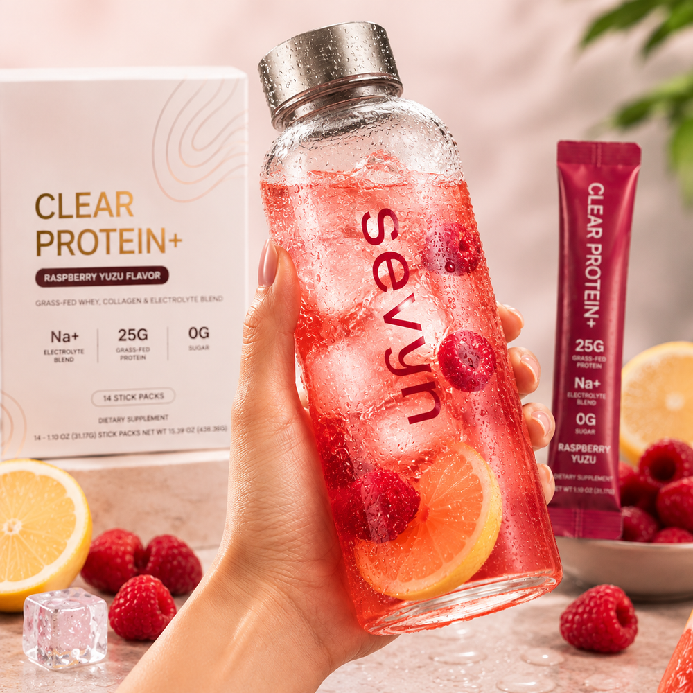 Sevyn Clear Protein+ raspberry yuzu bottle, box and stick pack